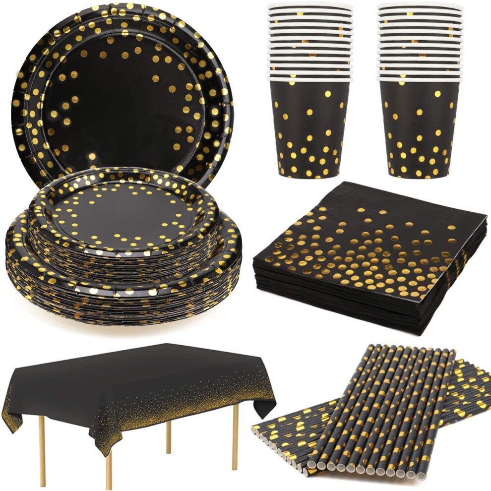 24 Guests Black and Gold Party Supplies Disposable Party Plates Tableware Cups Napkins Straws Table Cloth for 18th 50th 70th Birthday Party 1920s