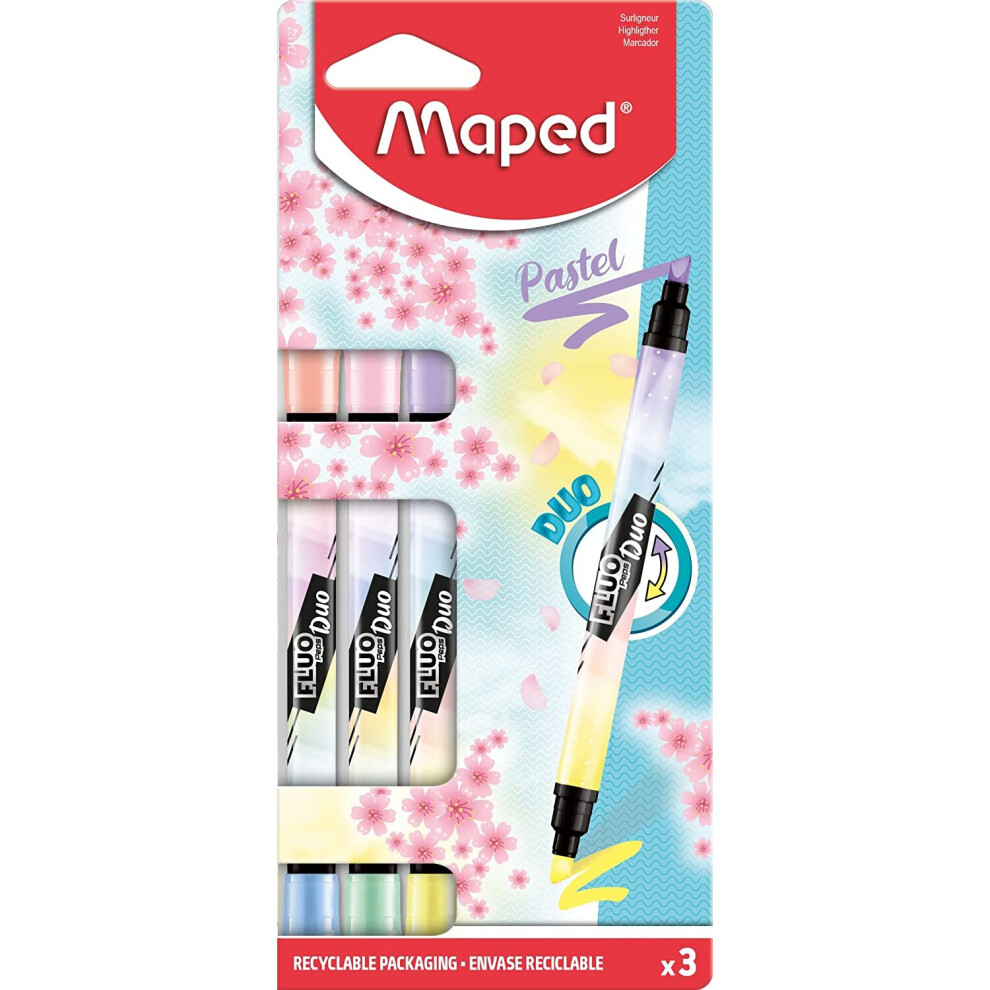 Maped Fluo Duo Tip Highlighter Pens - Pastel - Pack of 3