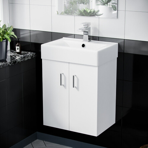 NES Home 450mm White Ceramic Basin Vanity MDF Cabinet Bathroom Wall Hung Unit | Nanuya