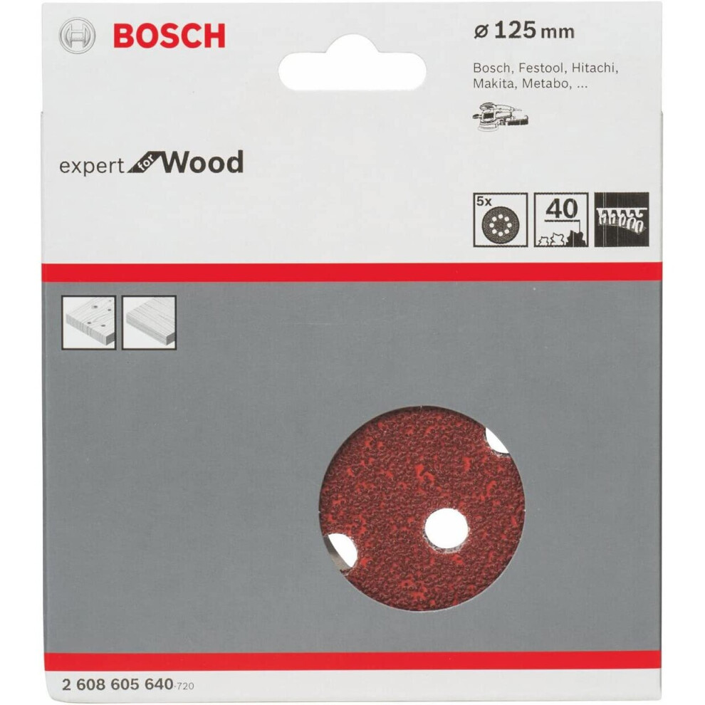 Bosch 2608605640 Sanding Discs for Wood, Velcro Type, 8 Hole, 125mm, P40 Grit, Brown, Pack of 5