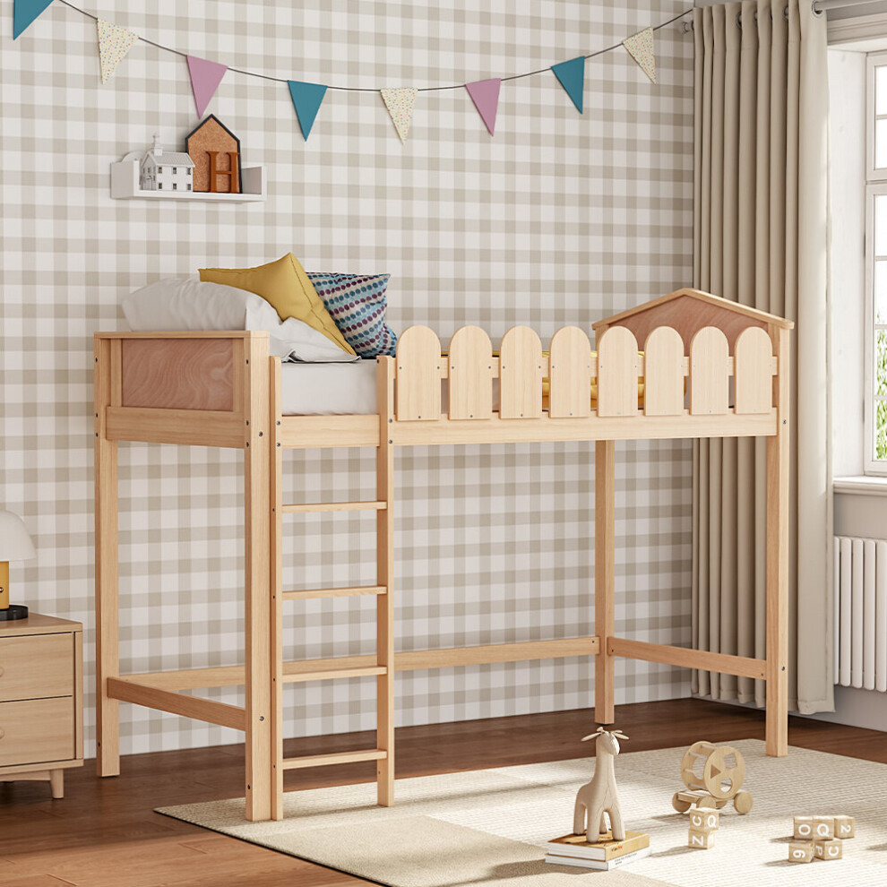 Pine Wood Loft Bed for Kids Room with Fence Rails