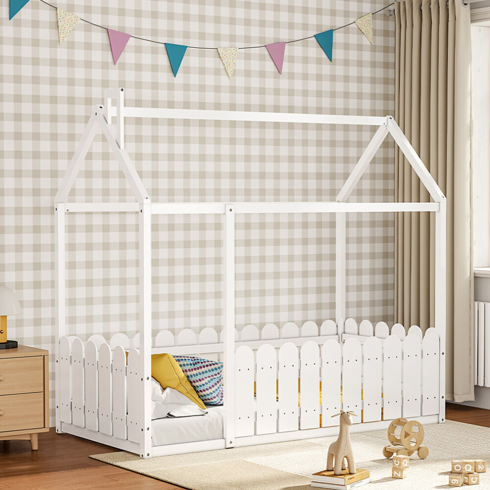 Wooden House Toddler Bed With Fence & Roof - Pine Wood, Nordic Finish, Guardrails, Easy Assembly White Living And Home