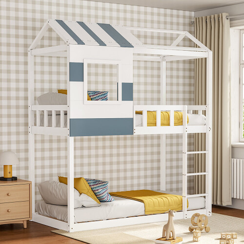 Living And Home Modern Twin Bunk Bed Slatted Board House Shaped