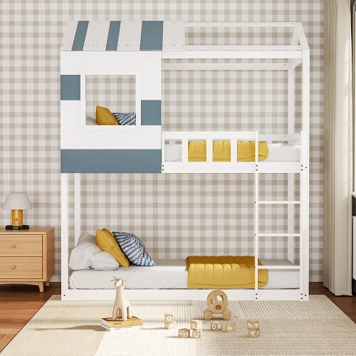 Living And Home Modern Twin Bunk Bed Slatted Board House Shaped 1