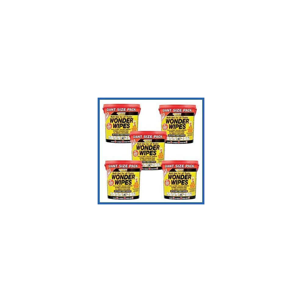Everbuild 5 X Giant Wonder Wipes Multi Purpose Hand Wipes - 300 Tub By