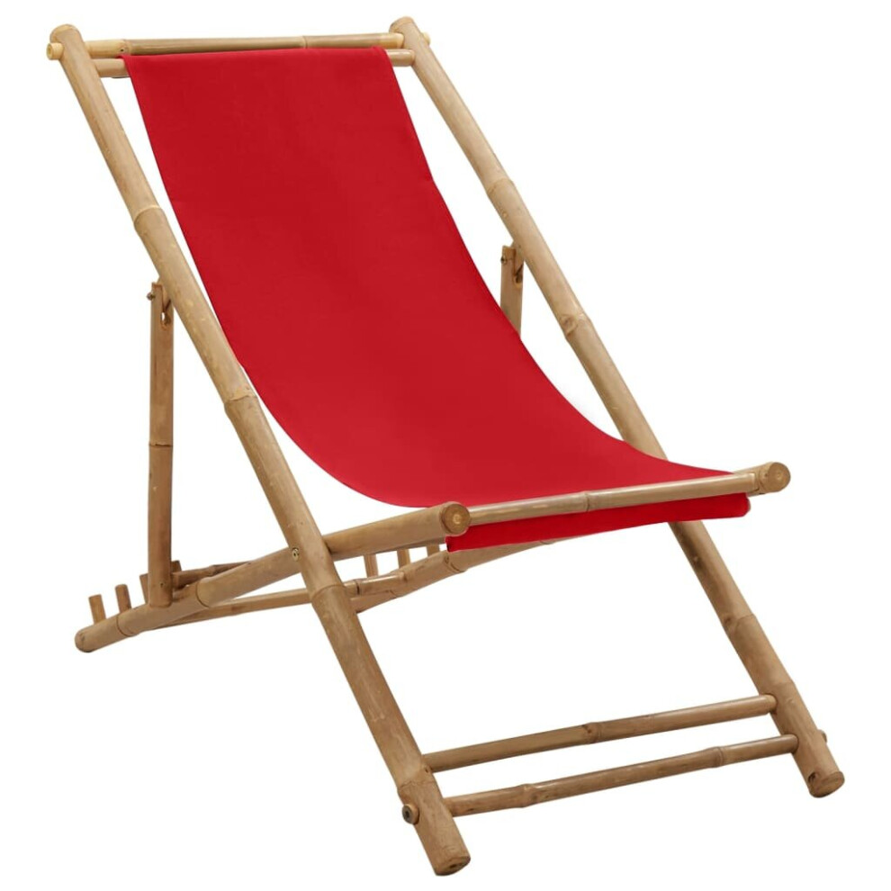 vidaXL Deck Chair Bamboo and Canvas Red Outdoor Garden Beach Camp Lounge Seat