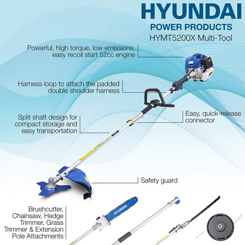 Hyundai Functional 5 in 1 Petrol Multi-Tool Set, HYMT5200X, 52CC, Grass ...