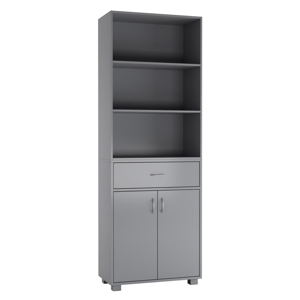 (Grey) 5 Tier Wooden Display Bookcase Shelves Drawer