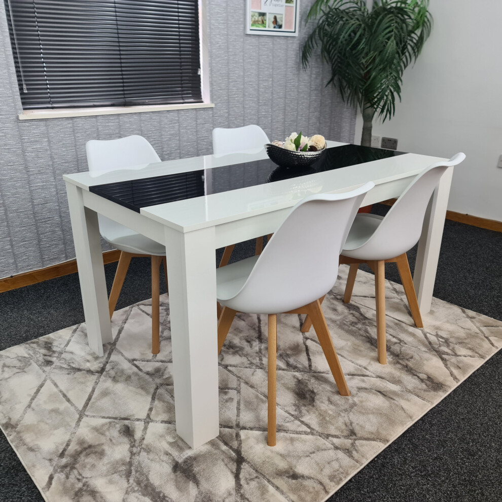 White Black Kitchen Dining Table(140X80X75cm) and 4 White Tulip Chairs