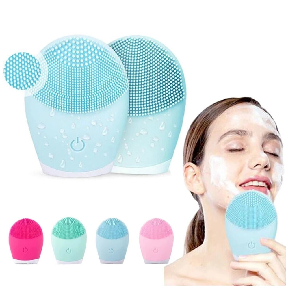 (GREEN) Facial Cleansing Brush Face Skin Care Tools Waterproof Silicone Electric Sonic Cleanser Facial Beauty Massager