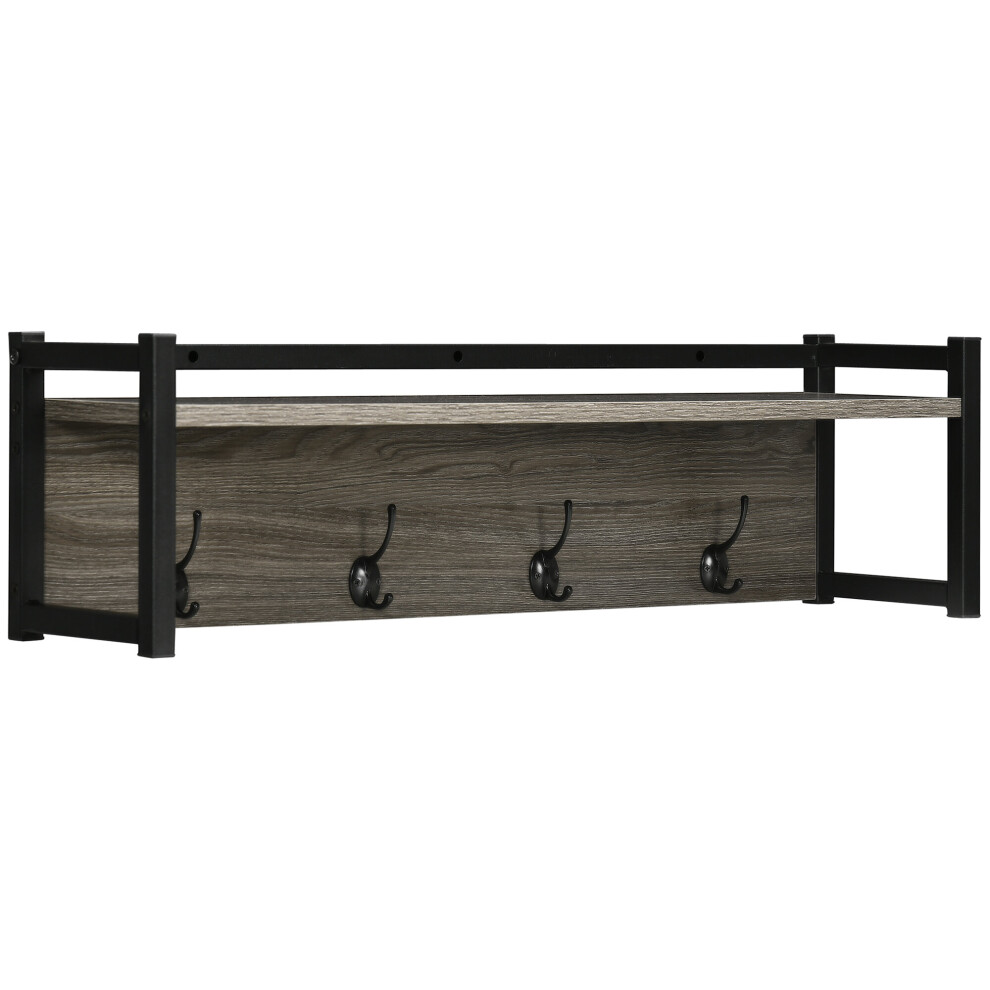 HOMCOM Rustic Wall-Mounted Coat Rack Floating Shelf with 4 Hooks for Entryway