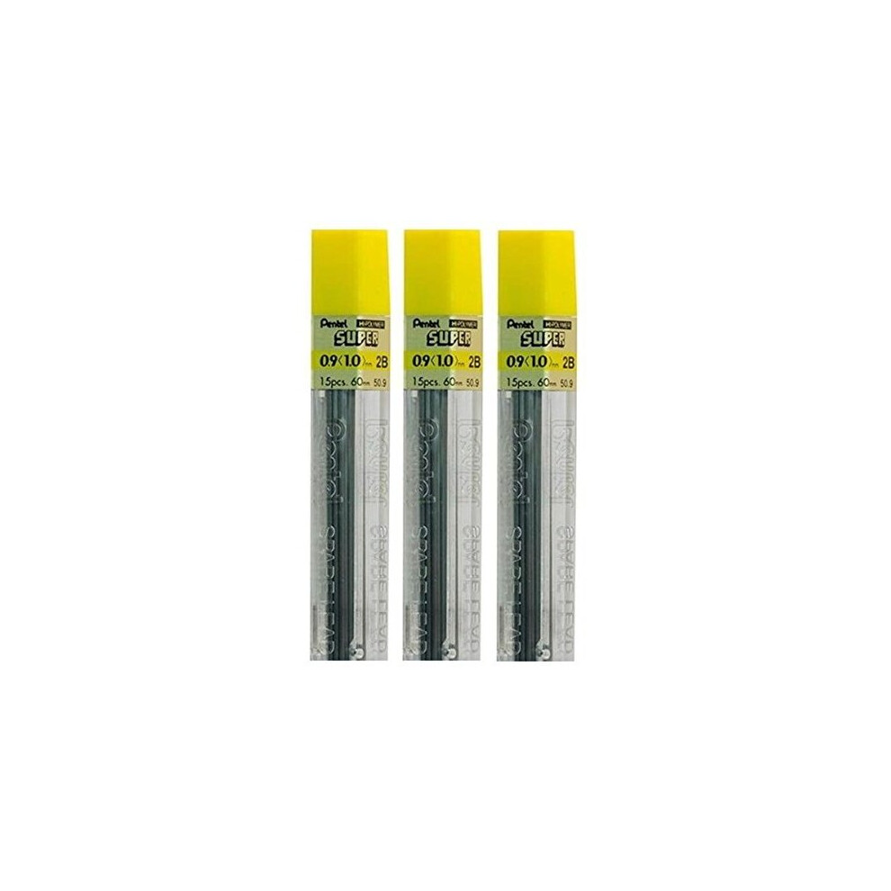 Pentel 0.9mm Size 2B Shade Hardness Pencil Refill Replacement Spare Leads Hi Pollymer Super For Automatic & Mechanical Pencils (Pack Of 3 Tubes - 45