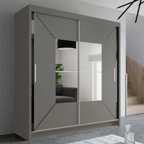 (150cm,Grey) Modern Sliding Wardrobe with Mirror-Door