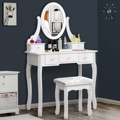 Modern Dressing Table White Makeup Desk Mirror 5 Drawer Stool Vanity ...