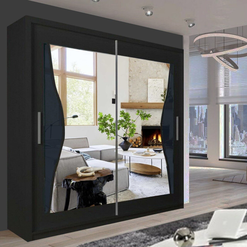 (Black, 150cm) Modern Bedroom Mirror Sliding Door Wardrobe