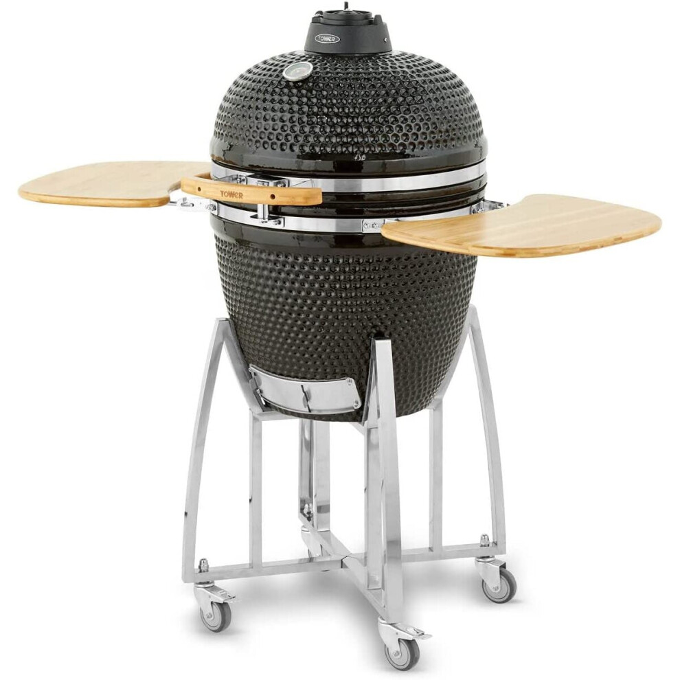 Warmlite Tower T978532 Kamado Xlceramic Charcoal Bbq Collapsible Wooden Shelves Black