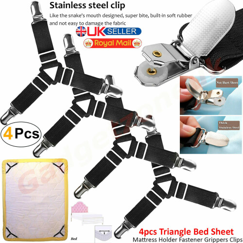 4X Triangle Bed Sheet Mattress Holder Clips Grippers Suspender Straps 1