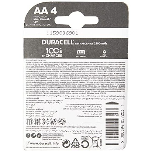 Duracell Duracell Rechargeable Type AA Battery, 2500mah, Pack of 4 2
