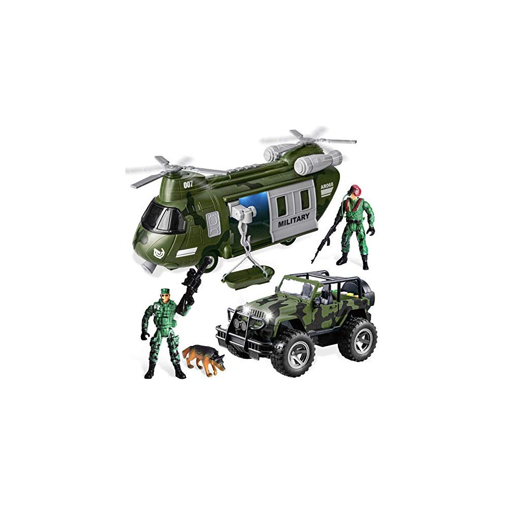 JOYIN Military Vehicles Toy Set of Friction Powered Transport Helicopter and Military Truck with Light and Sou