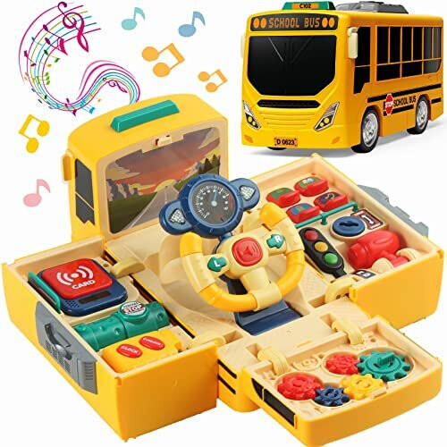 School Bus Toy with Sound and Light, Simulation Steering Wheel Gear Toy, Toddlers School Bus Toys with Music E