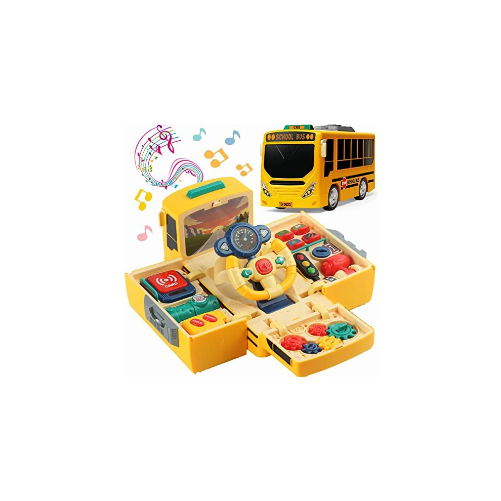 School Bus Toy with Sound and Light, Simulation Steering Wheel Gear Toy, Toddlers School Bus Toys with Music E