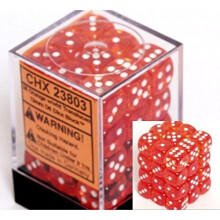 Sady kociek Chessex d6: Oran ov s bielou priesvitnou - 12 mm eststrann kocka (36) blok kociek