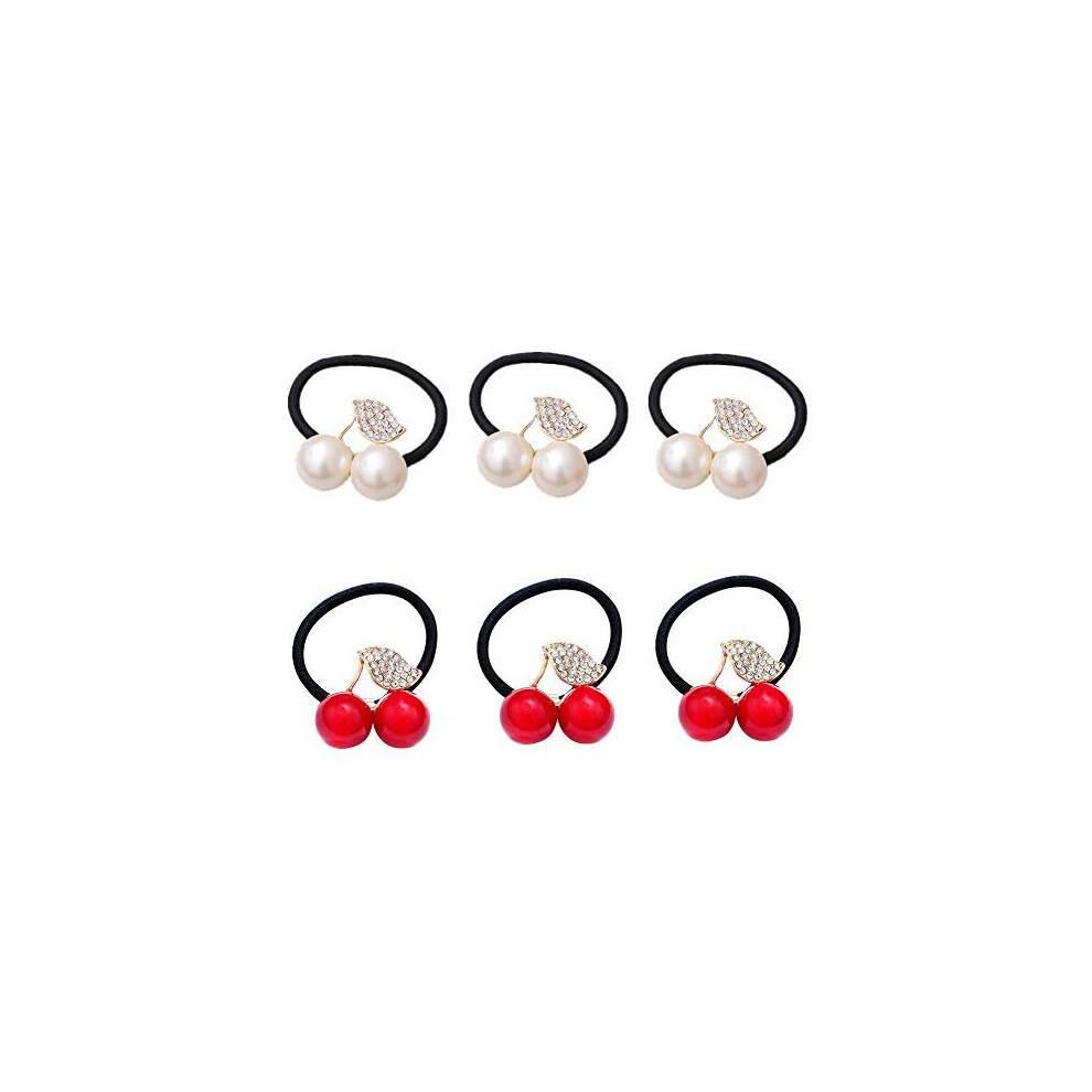 Ruihfas Fashion 6Pcs Korean Fashion Hair Rope Cute Crystal Rhinestone Cherry Hair Rings For Women Girls Ponyta-image