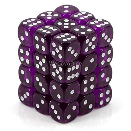 Chessex Δεσμίδες Ζαριών D6: Μωβ με Λευκές Διαφάνειες - 12Mm Έξι Πλευρές (36) Ζαριά