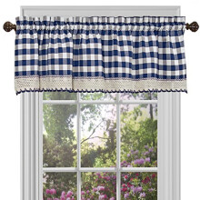 Buffalo Check Valance Gordijnen - 58 Inch Breed, 14 Inch Lengte - Marineblauw & Ivoor Wit Ruit - Lichtdoorlatende Boerderij Drapes