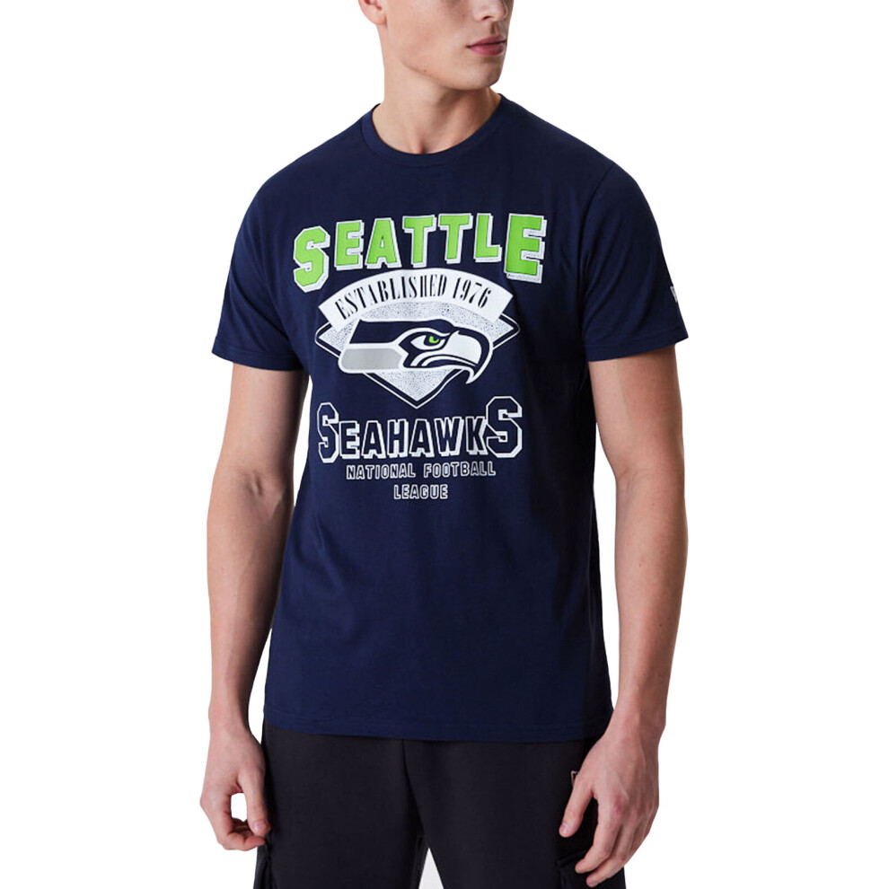 (S, Navy) New Era Mens Seattle Seahawks NFL Team Wordmark T-Shirt Tee Top - Navy