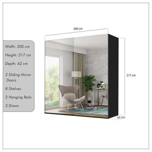 MN Furniture 2 Door Full Mirrored Sliding Wardrobes Black 200cm 2