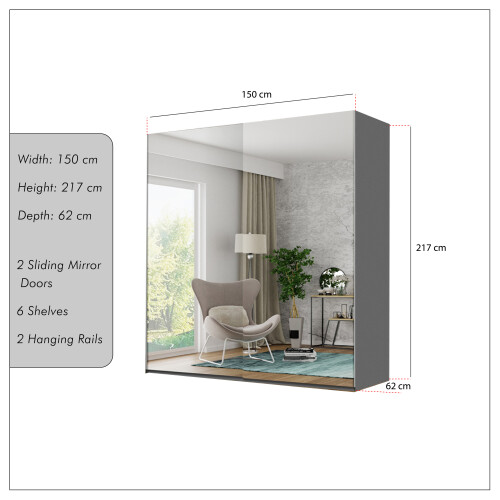 MN Furniture 2 Door Full Mirrored Sliding Wardrobes Grey 150cm 1