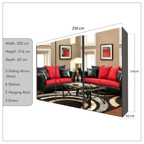 MN Furniture (Grey, 250cm) 2 or 3 Full Mirrored Sliding Door Wardrobe 1