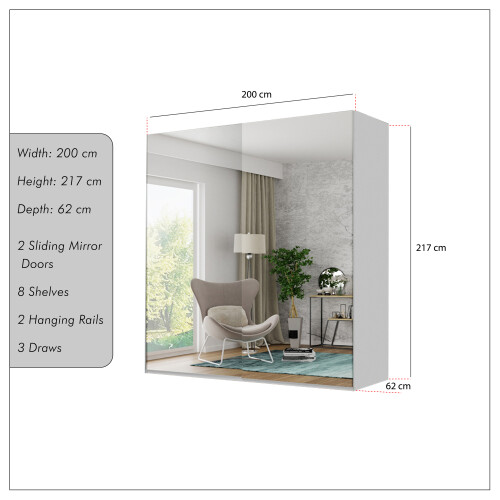 MN Furniture (White , 200cm) 2 or 3 Full Mirrored Sliding Door Wardrobe 2