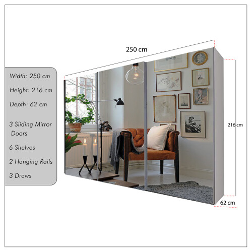 MN Furniture (White , 250cm) 2 or 3 Full Mirrored Sliding Door Wardrobe 1