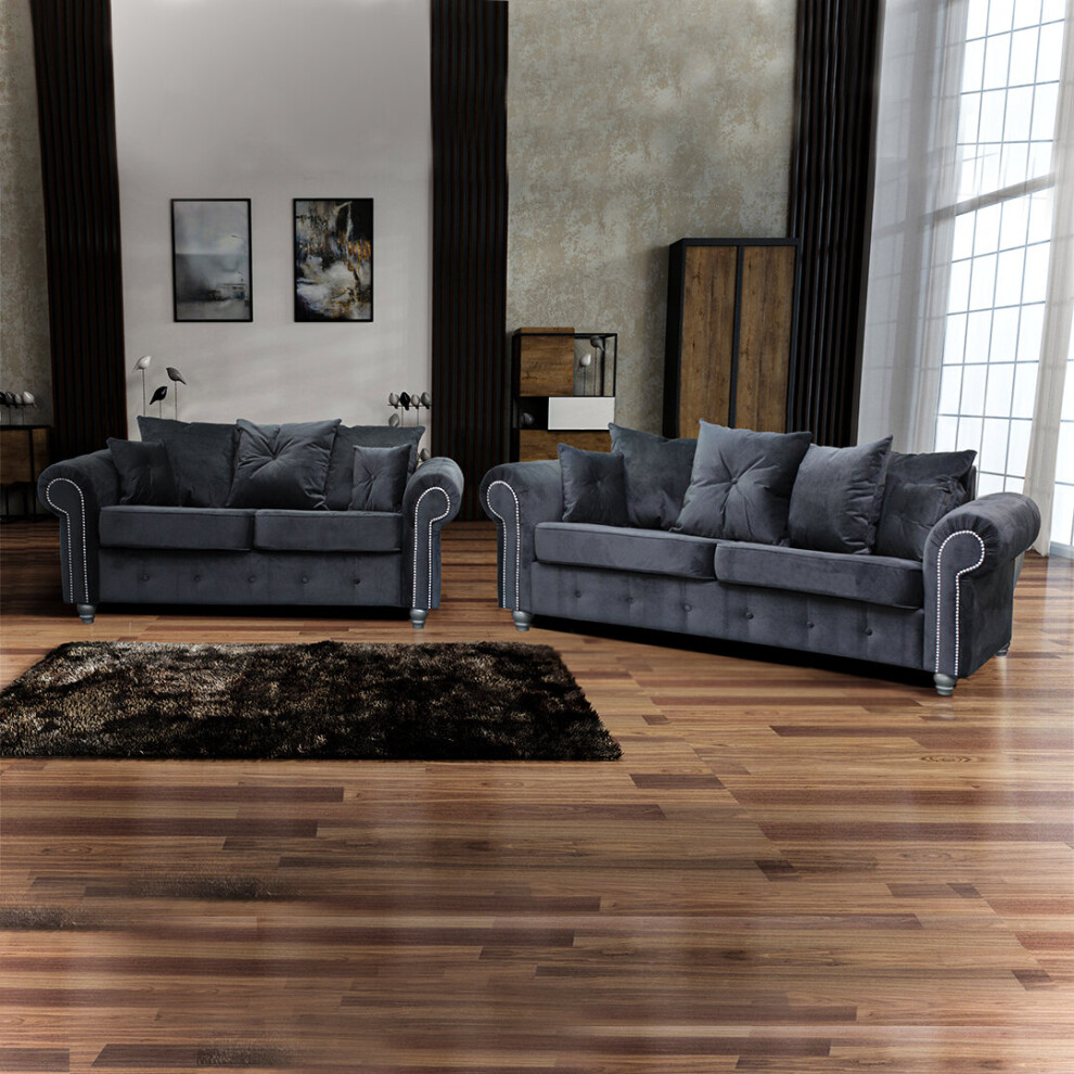 (Grey, 3 + 2) Digby Plush Velvet Luxurious 5 Seater Corner Sofa