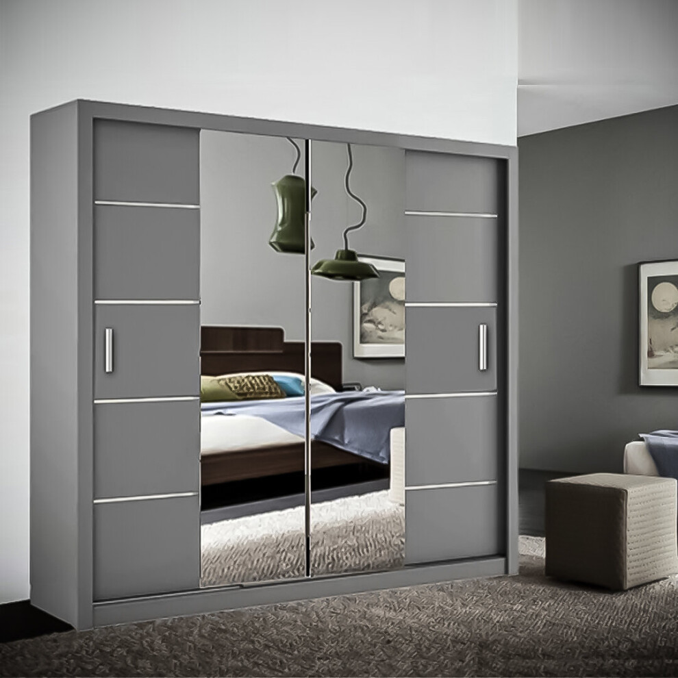 (Grey, 203 cm) Bristol White, Grey, Black Sliding Wardrobe