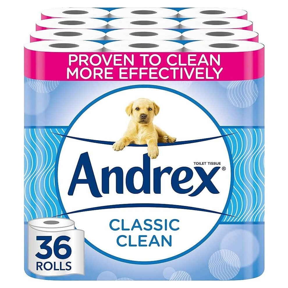 Andrex Classic Clean Toilet Rolls -36 Toilet Paper Pack Unique 3D Wave