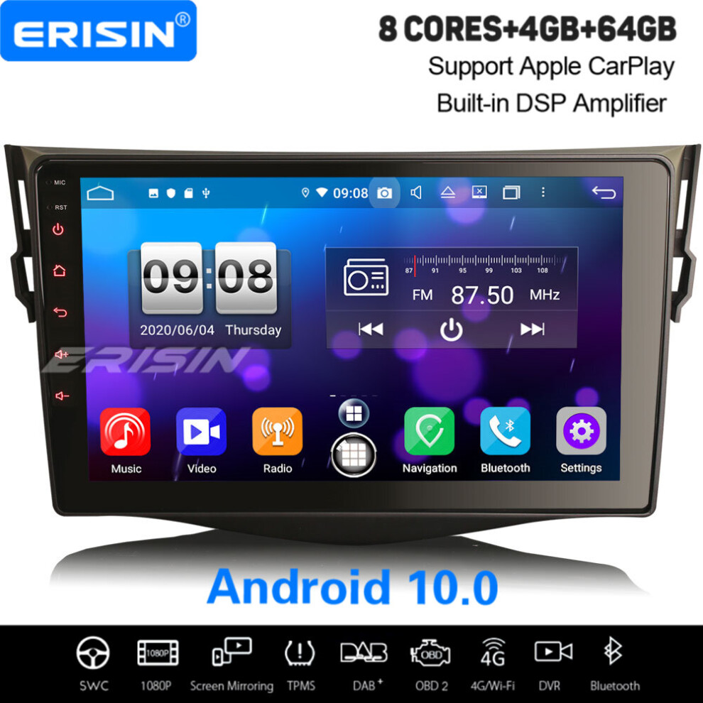 9" 8-Core Android 10.0 Car Stereo Carplay Dsp Wifi Dvr Bluetooth Dab+ Sat Nav For Toyota Rav4 737655209006