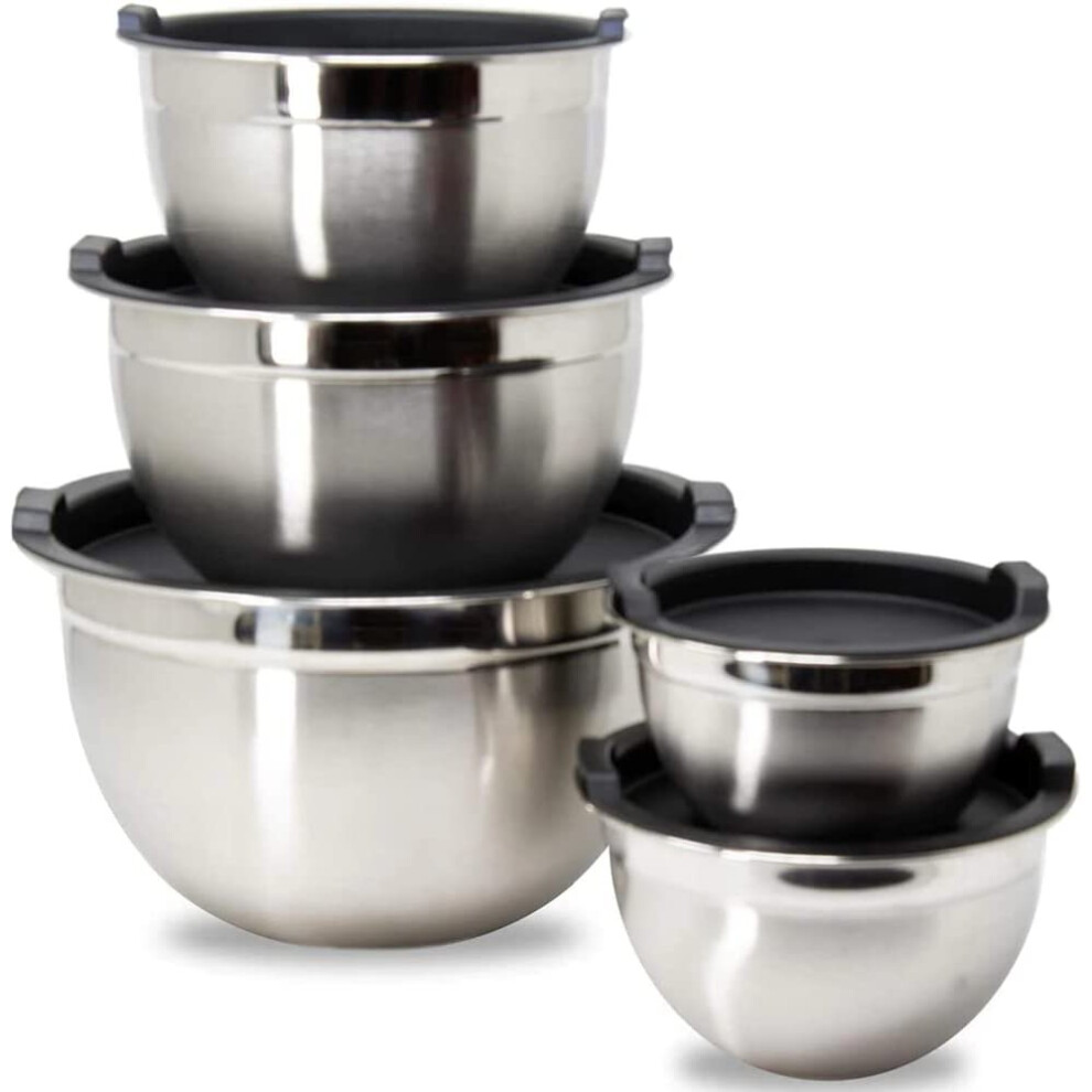 (Stainless Steel with Black Lids) 5pcs Stainless Steel Mixing Bowl Nesting With Lids