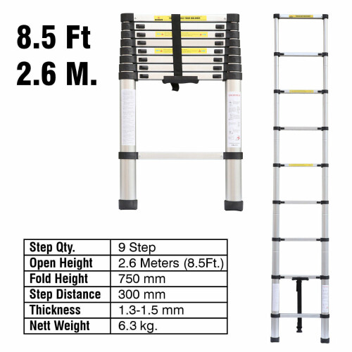 2.6M Aluminium Telescopic Ladder Extendable DIY Tool Max Load 150KG 2