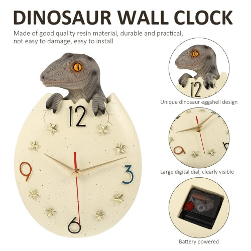 (B) Dinosaur Wall Clock 3d Dinosaur Egg Hanging Clocks Kids Silent Decorative Clock 2
