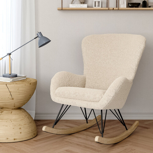 (Cream White) Modern Faux Wool Rocking Chair with Removable Cushion