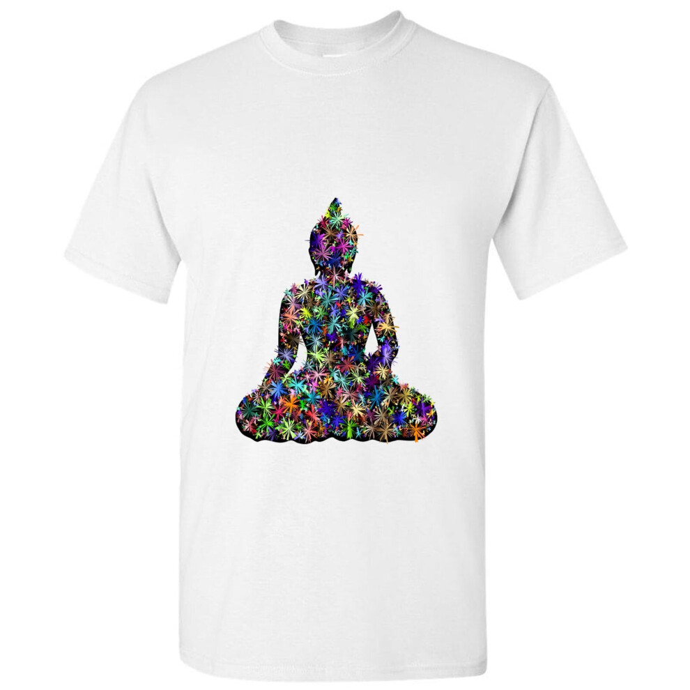 (XL) Sitting Rulai Buddha Statue Peace Flower White Men T Shirt Tee Top