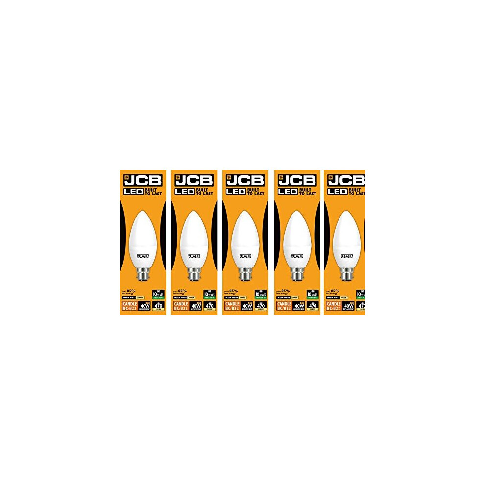 JCB 6w LED B22 Candle Bulbs Bayonet, 40w Incandescent Bulb Equivalent, 470lm, Warm White 3000k, Non Dimmable, LED Bayonet Bulb Candle Light Bulbs,