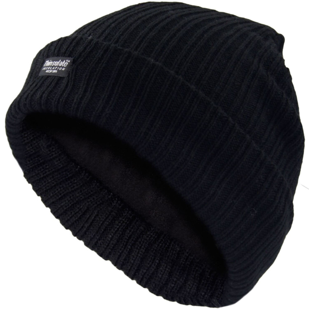 (Black) Womens Thinsulate Beanie Hat Fleece Lined Woolly