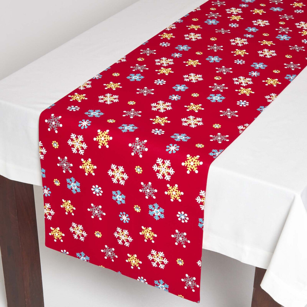 Homescapes Cotton Christmas Snowflake Table Runner Red