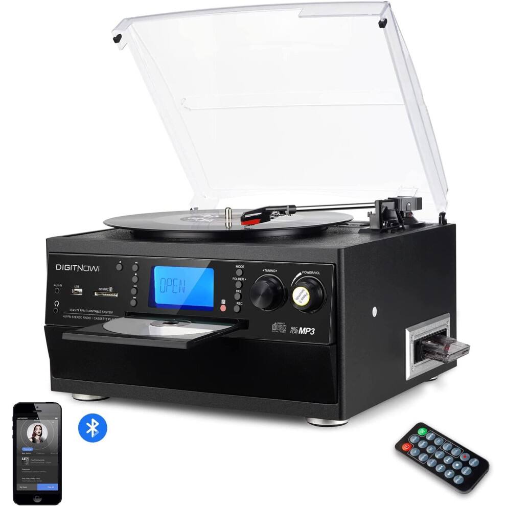 DIGITNOW Bluetooth Turntable Record Player | CD Cassette AM/FM Radio