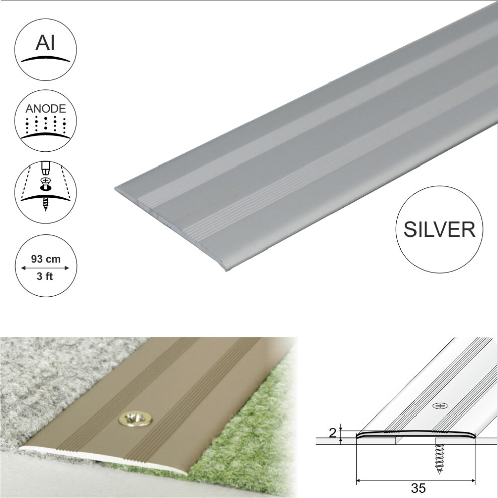 (0.93m, Silver) A08 35mm Anodised Aluminium Flat Door Threshold Profile