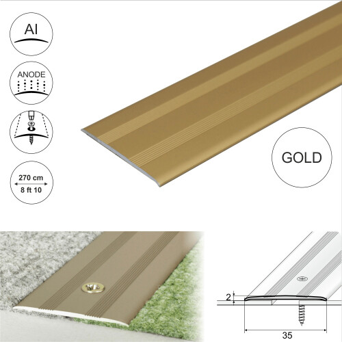 (2.7m, Gold) A08 35mm Anodised Aluminium Flat Door Threshold Profile 1